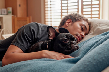 Young man lying on bed embracing black French bulldog, both resting heads on pillow, man gazing forward with relaxed expression, cozy domestic setting with natural light