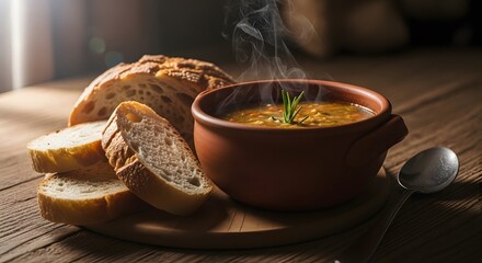 A rustic bowl of steaming, hearty soup served with fresh, crusty bread slices on a wooden board, evoking a warm and comforting meal.