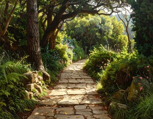Sunlit pathway through a lush garden