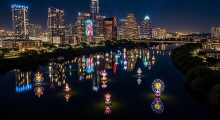 Naklejka premium Austin's Night Spectacle: Glowing Lanterns Reflect on Colorado River with City Skyline