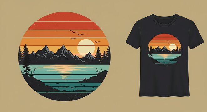 Scenic landscape design on a t shirt nature inspired art retro sunset view