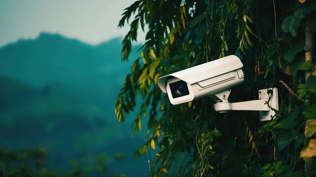 Security camera installed in mountain area, symbolizing surveillance, monitoring and environmental protection. Concept of safety and control in remote nature.
