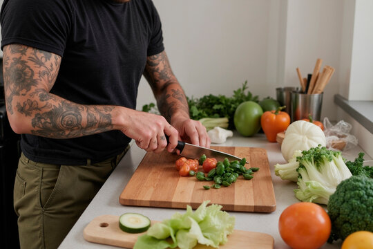 Tattooed young adult man chopping fresh vegetables on wooden cutting board in kitchen, preparing healthy meal with various greens, tomatoes, and broccoli visible on counter