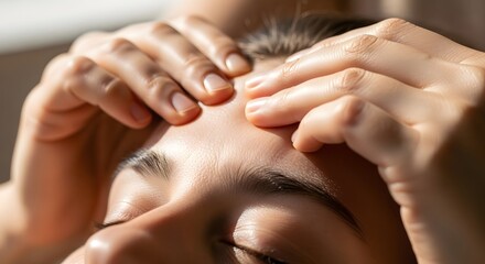 Fototapeta premium Close-up of a person receiving a head massage for relaxation and well-being.