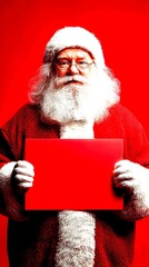 Santa Claus holding a red sign against a solid red background during the festive season - High Contrast
