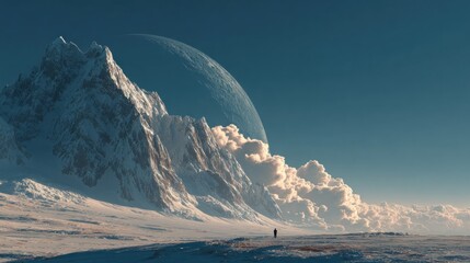 Lone Figure Exploring a Breathtaking Snowy Landscape with Celestial Body View