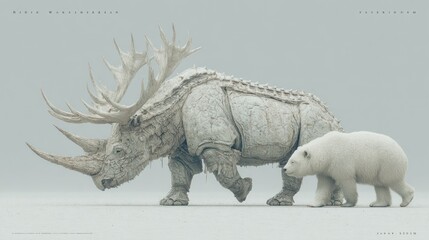Surreal partnership, a massive hybrid creature next to a polar bear cub