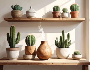 Sunlit shelves with cacti and diffusers