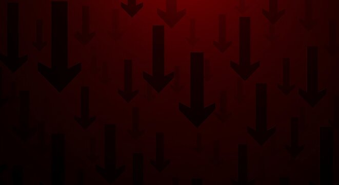 Dark red background with falling black arrows representing descent - Powered by Adobe