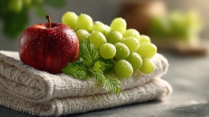 Hydrated freshness: Apple, grapes, and mint on a soft towel still life