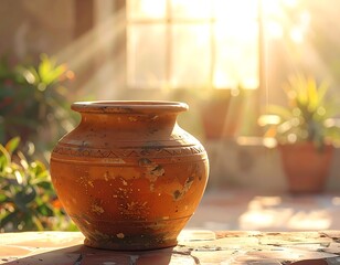 Sunlit terracotta pot on patio