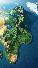 High-angle view of a mountainous region, lush greenery, and bodies of water