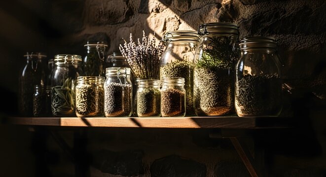 A collection of glass jars filled with various herbs and spices, arranged on a wooden shelf.