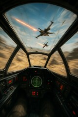 First person view from inside a cockpit of a fighter jet flying over a desert landscape during a battle