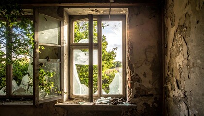 Sunlit view from a broken window in an abandoned building