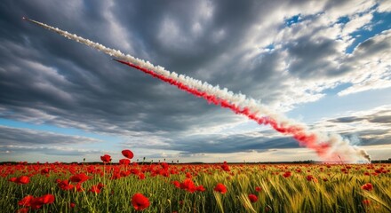 Majestic red white smoke trail soaring above a vibrant field of poppies and golden wheat under a dramatic cloud filled sky representing Polish national pride