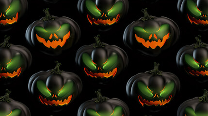 Glossy 3D Evil Pumpkins on Black — Seamless Pattern