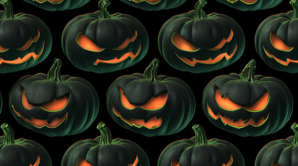 Glossy 3D Evil Pumpkins on Black — Seamless Pattern