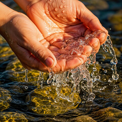 Hands Holding Fresh Flowing Water Over River Rocks