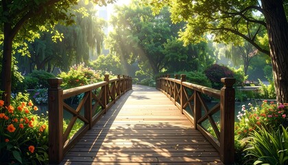 Sunlit wooden bridge through a lush garden
