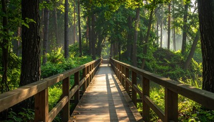 Sunlit wooden bridge through a lush forest