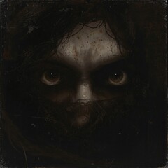 Close-Up Ghostly Eyes Emerging from Darkness in Old Master Oil Painting Style with Dramatic Chiaroscuro Shadows