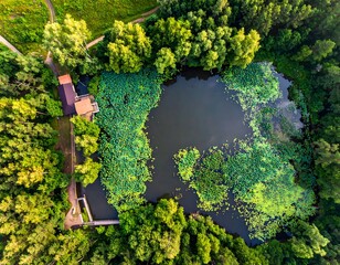 High-angle view of a pond surrounded by forest