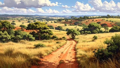 Sunny African savanna landscape with a dirt road