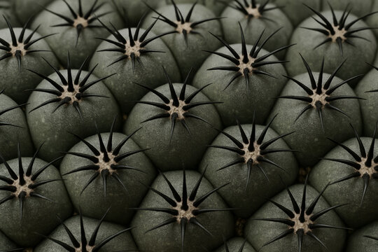 Close-up macro of copiapoa cactus with dark black spines emerging from ribbed grey-green segments cactus concept