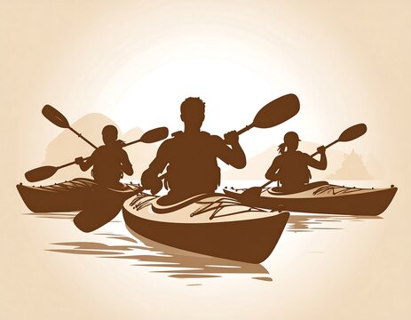 Kayakers in canoes on a serene lake at sunrise - Powered by Adobe
