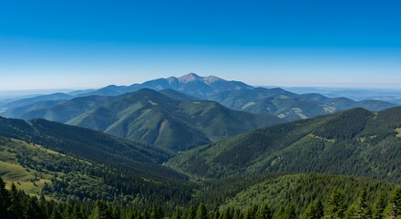 Panoramic view of verdant mountain range under clear blue sky