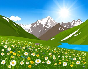 Sunny alpine meadow with a crystal-clear lake