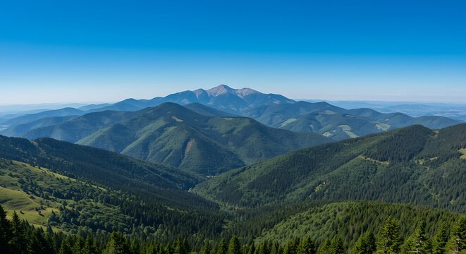 Panoramic view of verdant mountain range under clear blue sky
