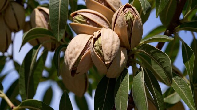 Branches of pistachio tree filled with ripening nuts under bright sunlight, representing agriculture, farming, and natural nut production.
