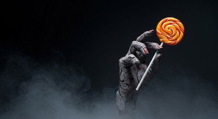 Front view of monster hand holding swirl lollipop in smoke