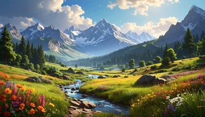 Sunny alpine valley with wildflowers