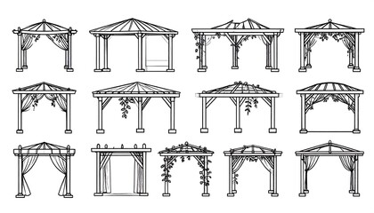 A set of various illustrated outdoor wooden structures with roofs