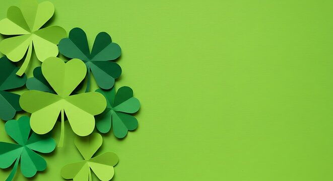 Paper shamrocks on vibrant green background for festive springtime designs