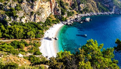 High-angle view of a pristine white beach nestled in a rocky cove, turquoise water, and lush greenery
