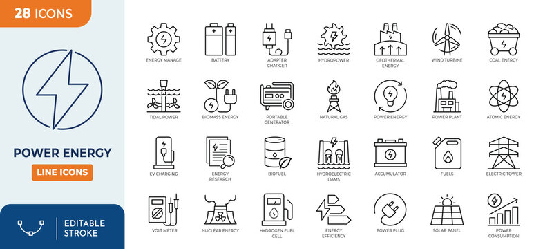 Power Energy line editable icon set. Vector illustration