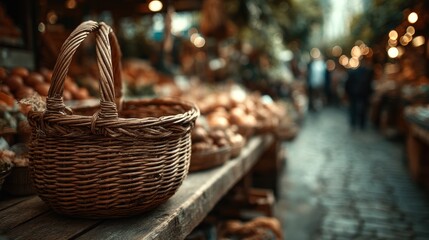 Obraz premium Wicker Basket Displayed at a Bustling Outdoor Marketplace Scene