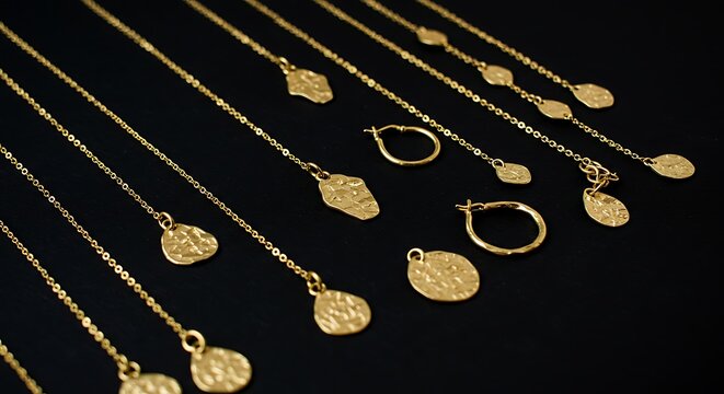 Elegant golden jewelry collection displayed on a dark surface for design and style