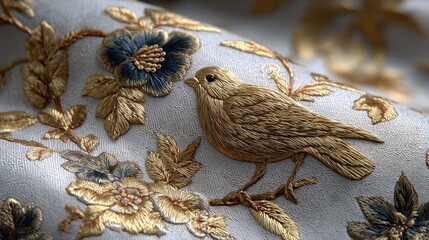 Obraz premium Elegant textile showcasing intricate embroidery with avian and floral motifs