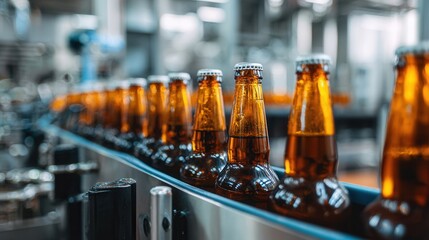 Bottles of Amber Beer on a Production Line at a Brewery