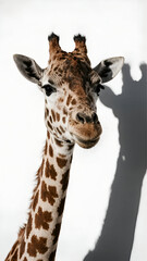 Obraz premium Close-up portrait of a beautiful giraffe looking directly at the camera, showcasing its distinctive pattern against a bright, minimalist background.