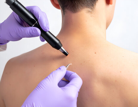 Doctor performing a laser treatment on a patient's back for mole or skin tag removal. Medical professional using advanced technology for skin care.