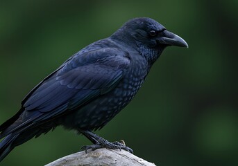 Obraz premium Close-up Portrait of a Black Raven Perched on a Branch. Generative Ai