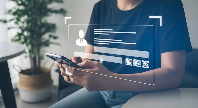 Person using a mobile phone with a digital form overlay for data entry and online registration
