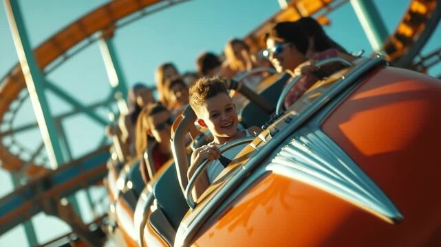 Exciting action shot of children and teenagers riding an orange roller coaster car at amusement park. Captures thrill, speed, and joy of adventure and fun.