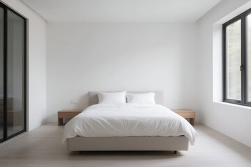 Bright, minimalist bedroom with a modern bed, crisp white linen, wooden nightstands, a large window, and a sleek sliding glass door.